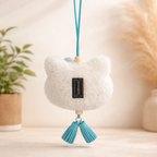 White Kitty Plush Bag Charm with Blue Bow & Tassels