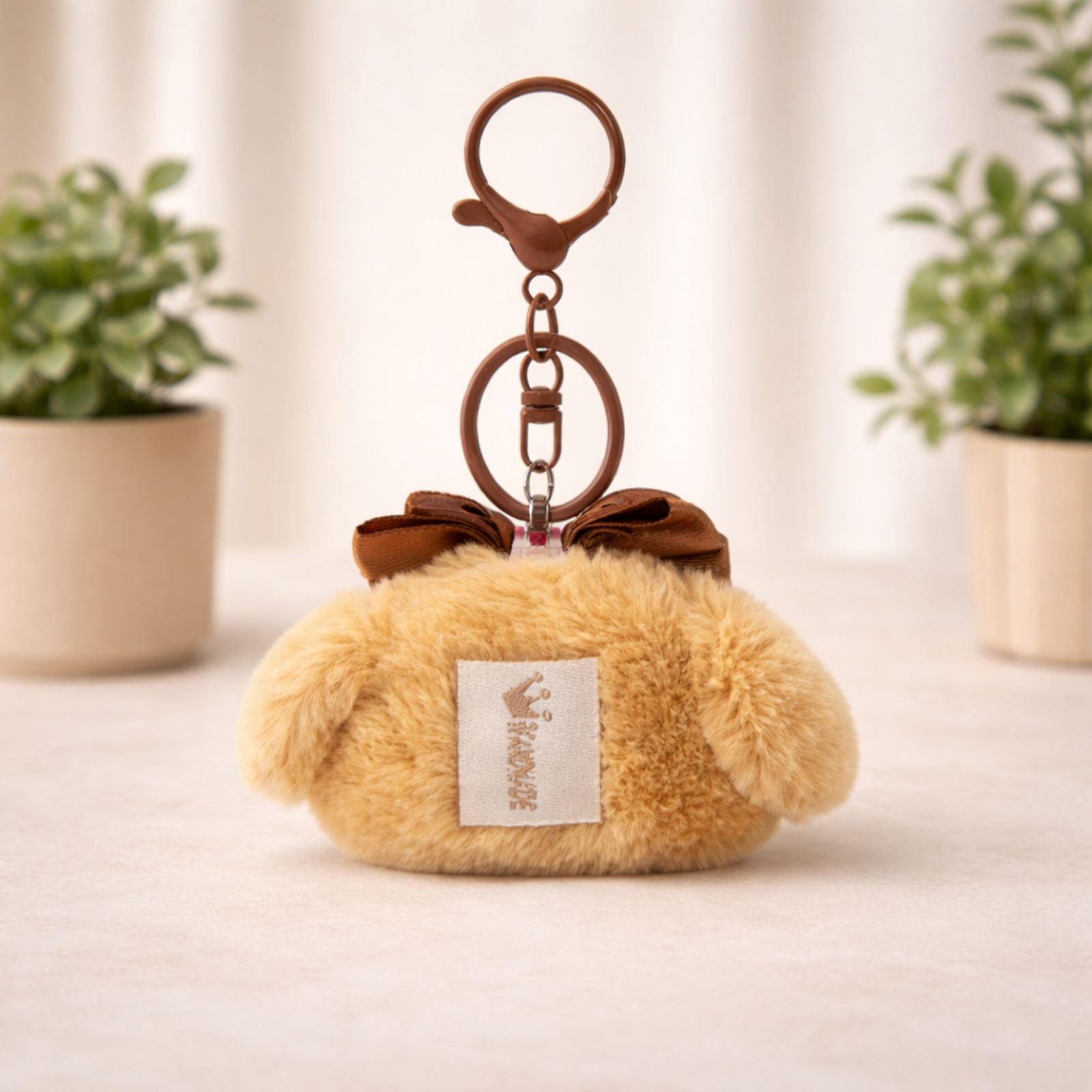 Cream Golden Brown Puppy Plush Bag Charm with Polka Dot Bow