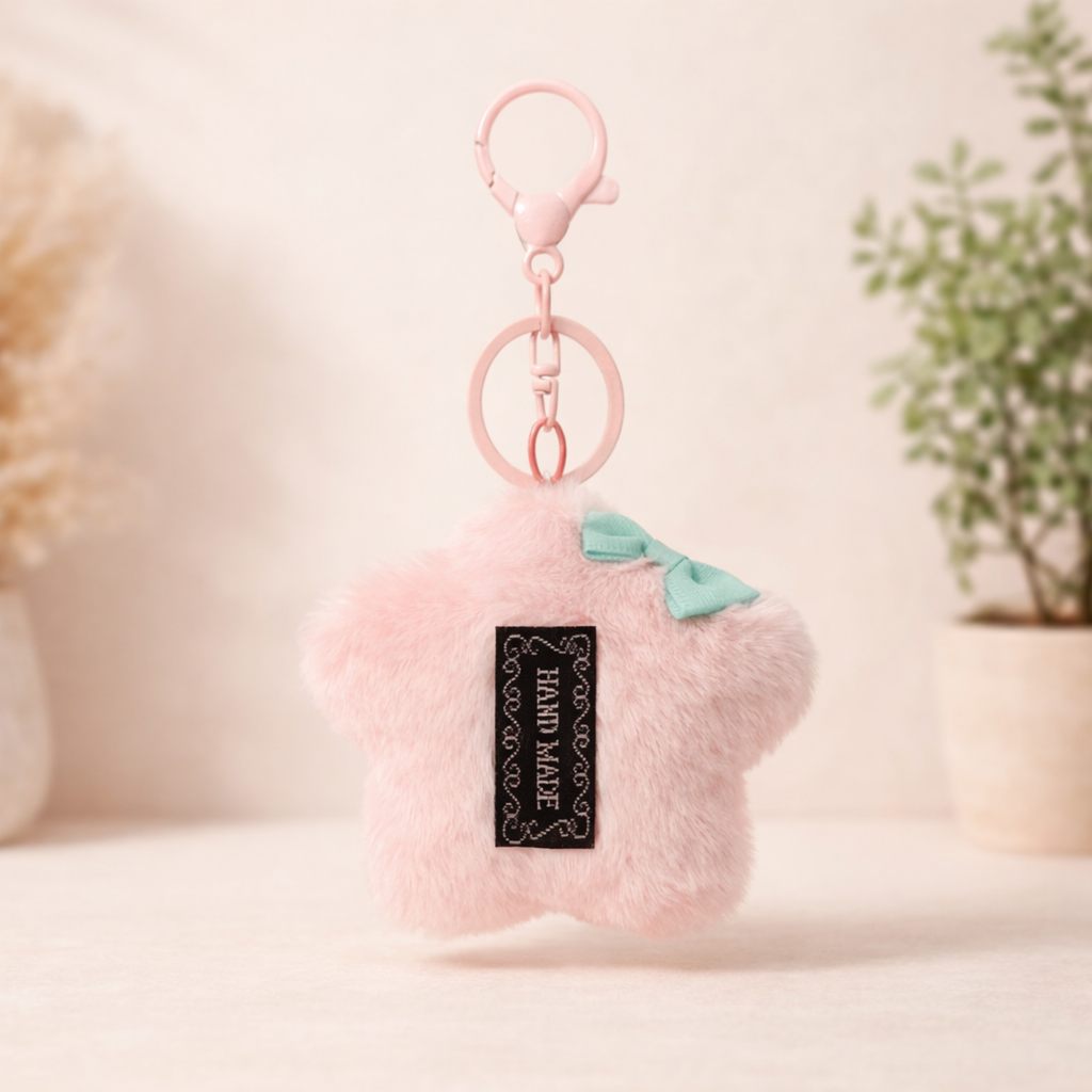 Pink Star Plush Bag Charm with Blue Bow