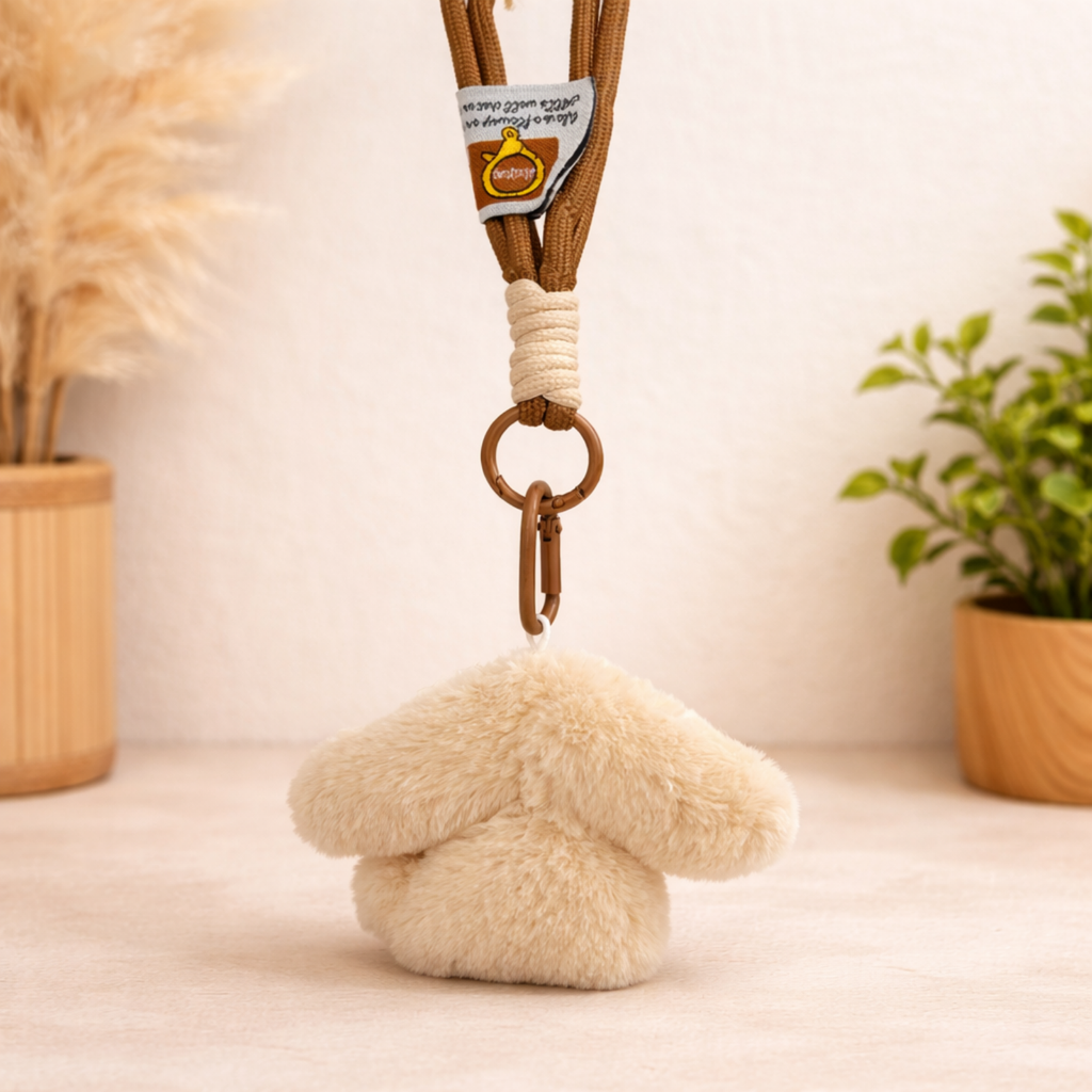 Beige Puppy Plush Bag Charm with Neck Bow