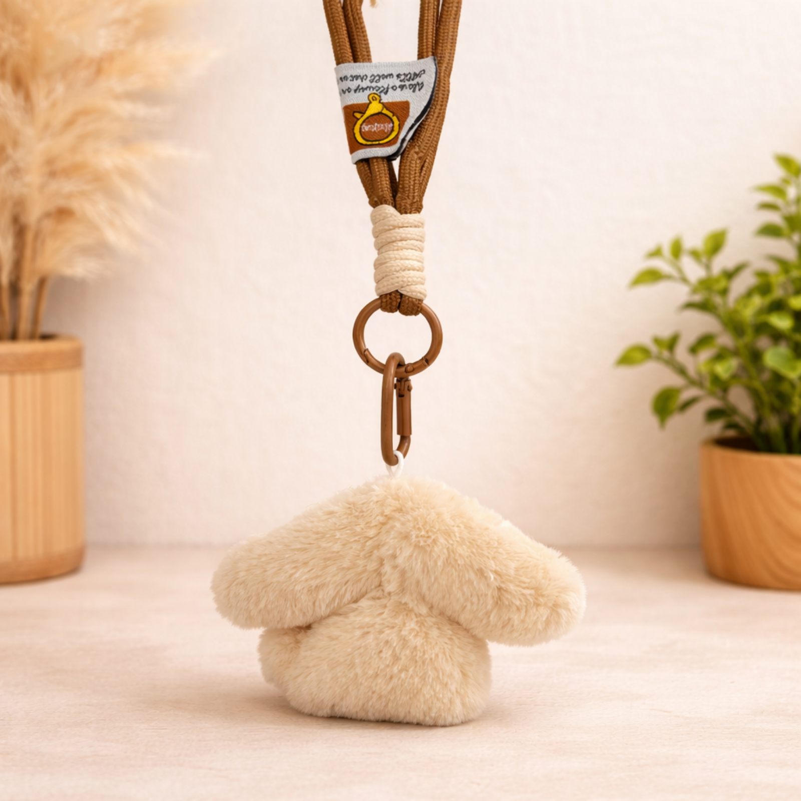 Beige Puppy Plush Bag Charm with Neck Bow
