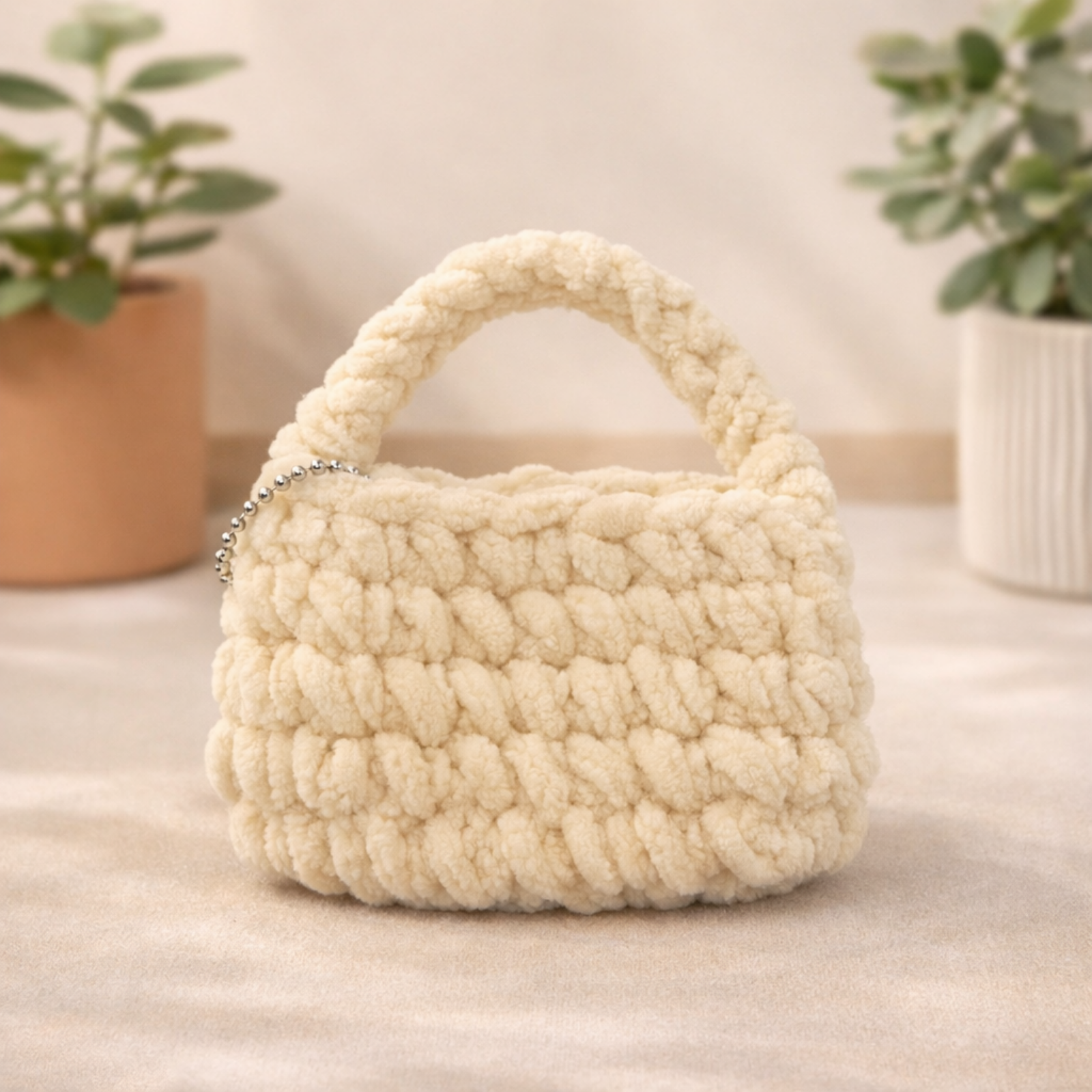 Beige Cat Plush Pouch Bag Charm with Crochet Handle