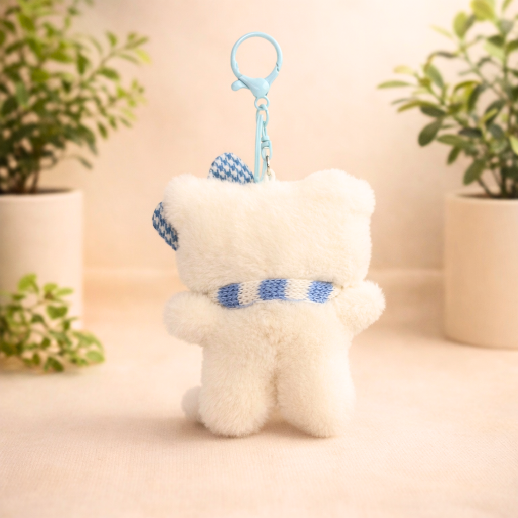 White Cat Plush Bag Charm with a Bow, Glasses & Scarf