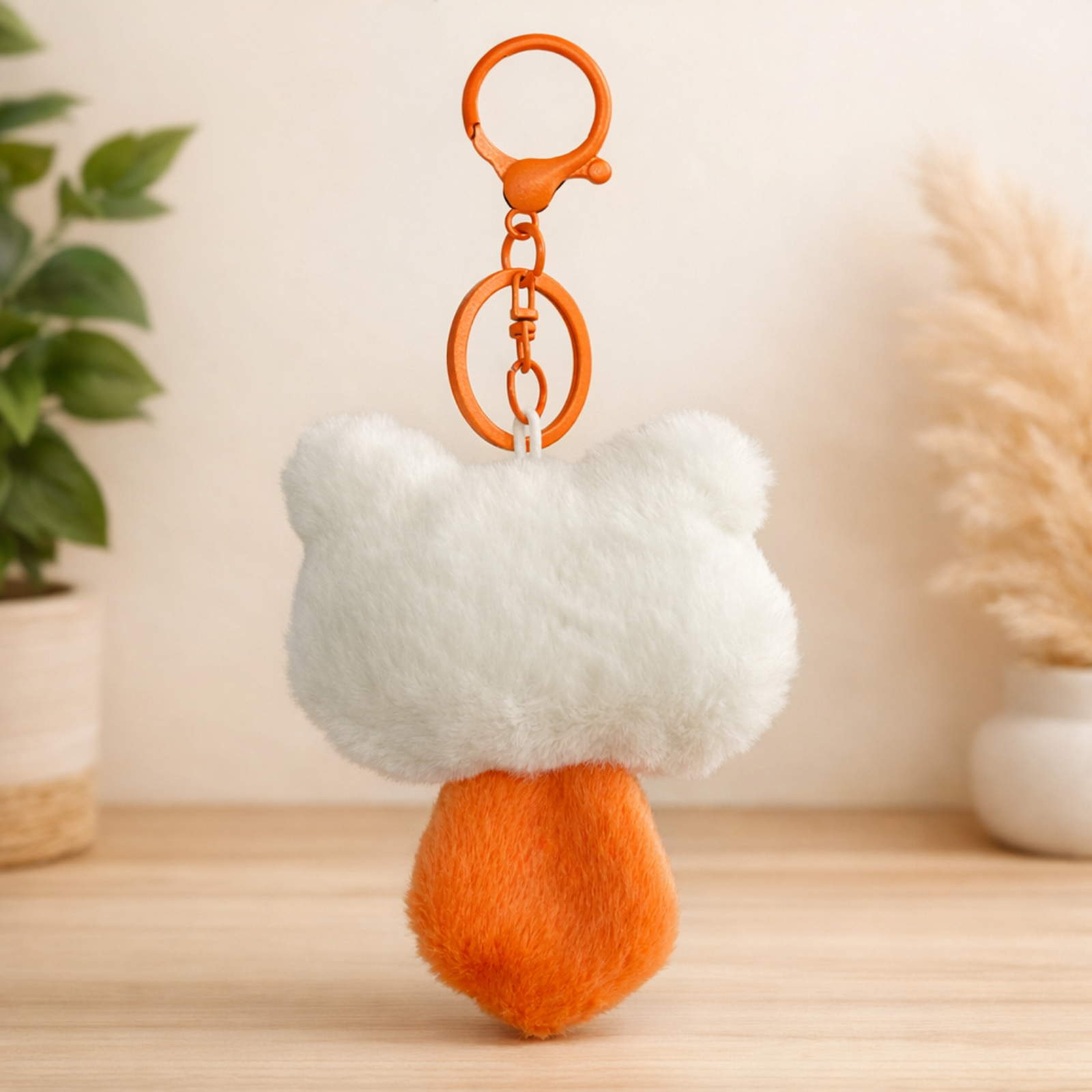 White Cat Plush Bag Charm with Grey Beret & Orange Patch