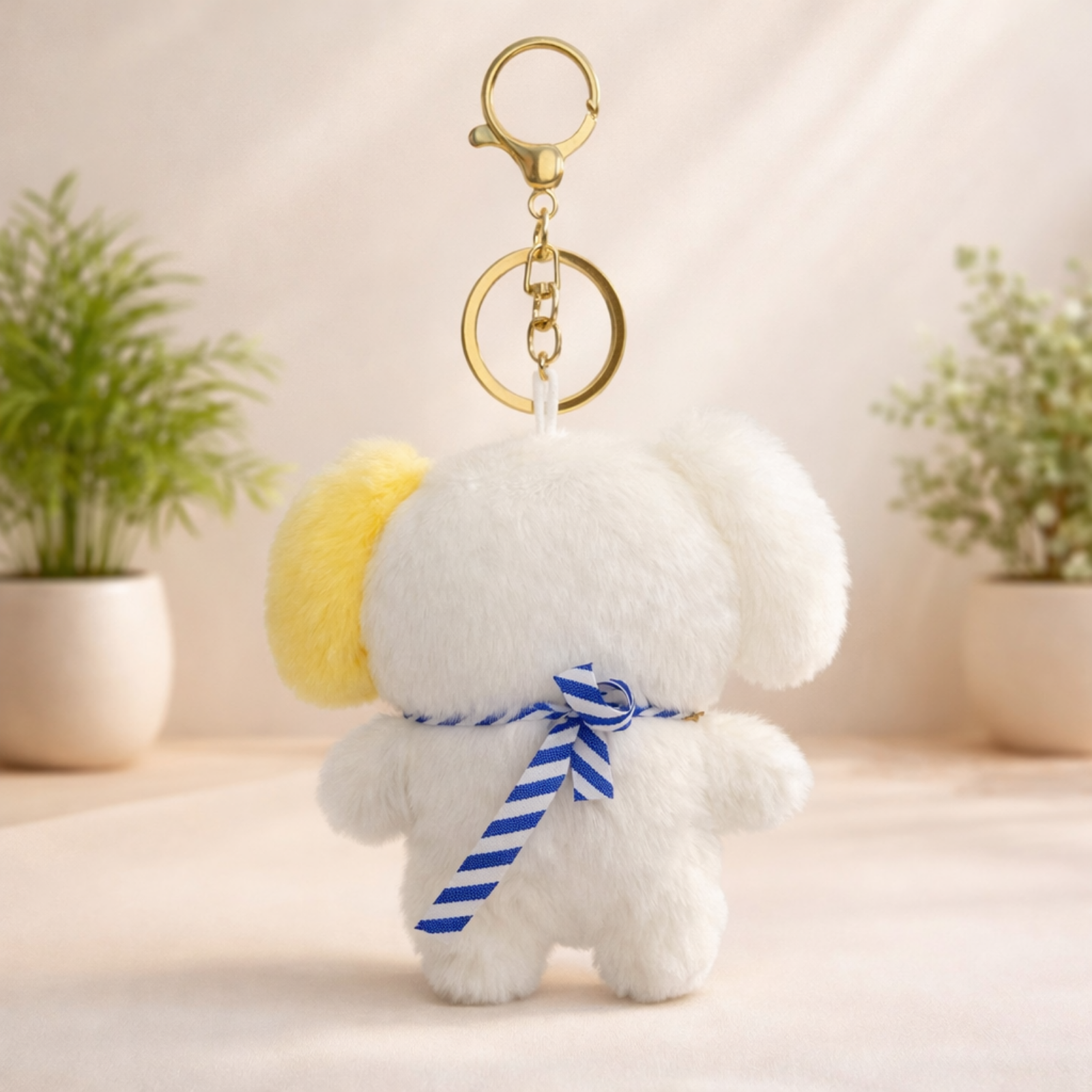White Dog Plush Bag Charm with Yellow Ear & Bandana