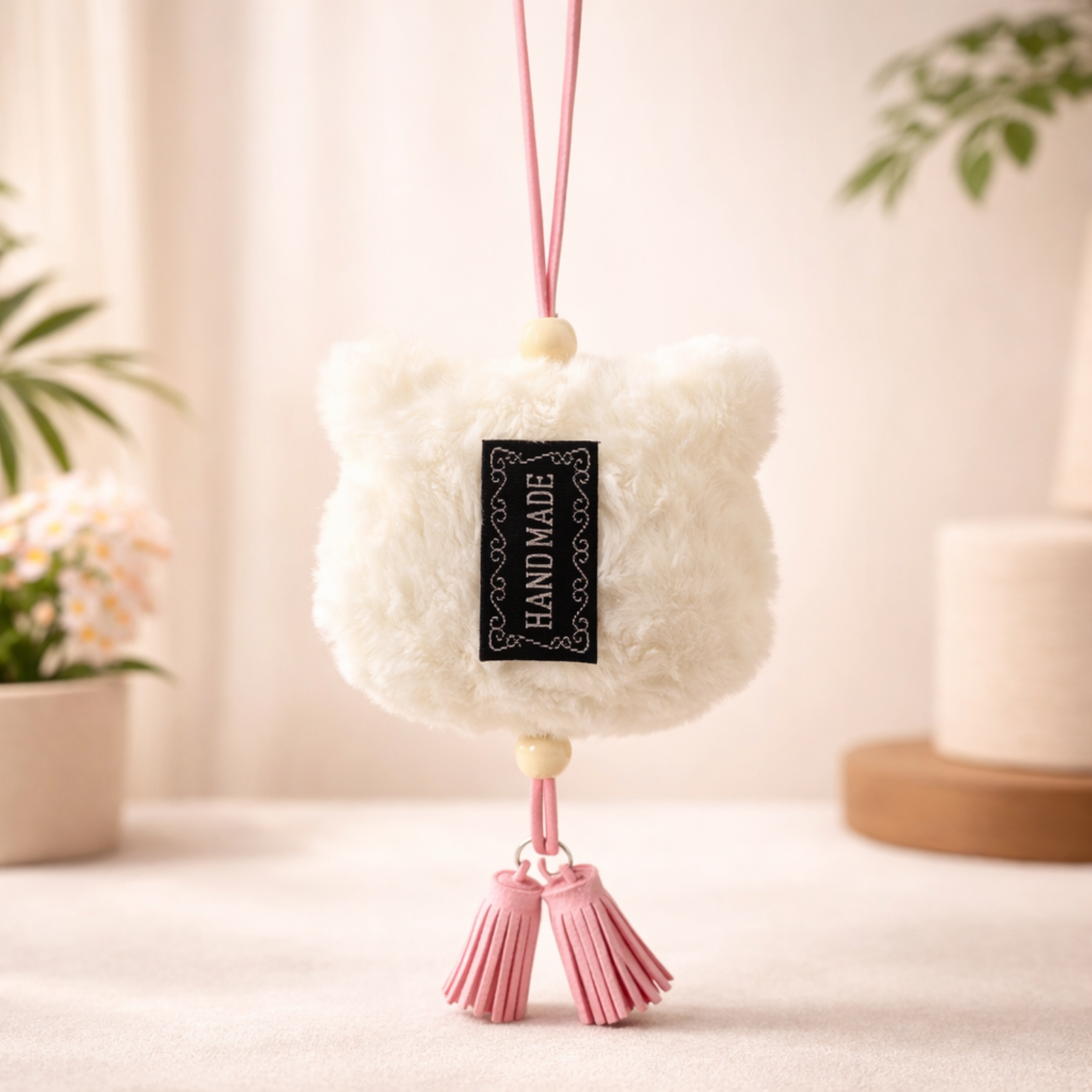 Bear & Pig Plush Bag Charm with Pink Strap & Tassels