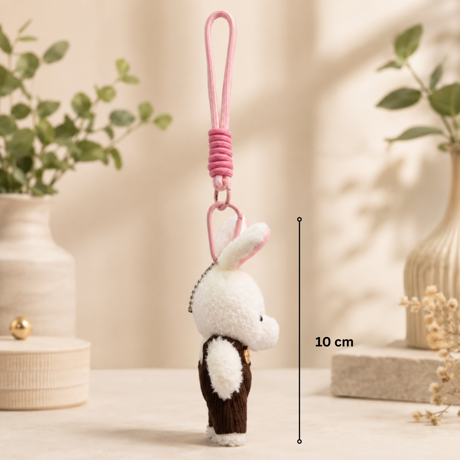 White Bunny Plush Keychain with Brown Overalls