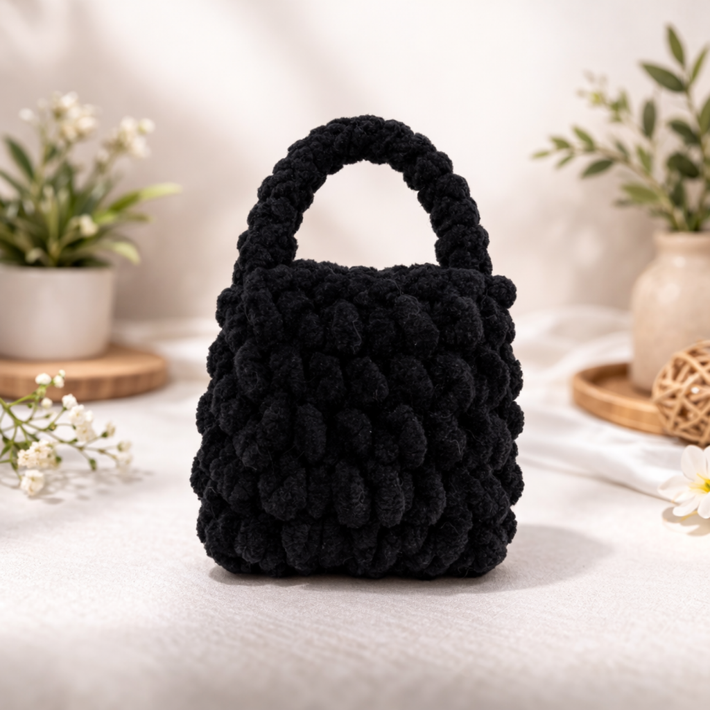 Black Cat Plush Pouch Bag Charm with Crochet Handle