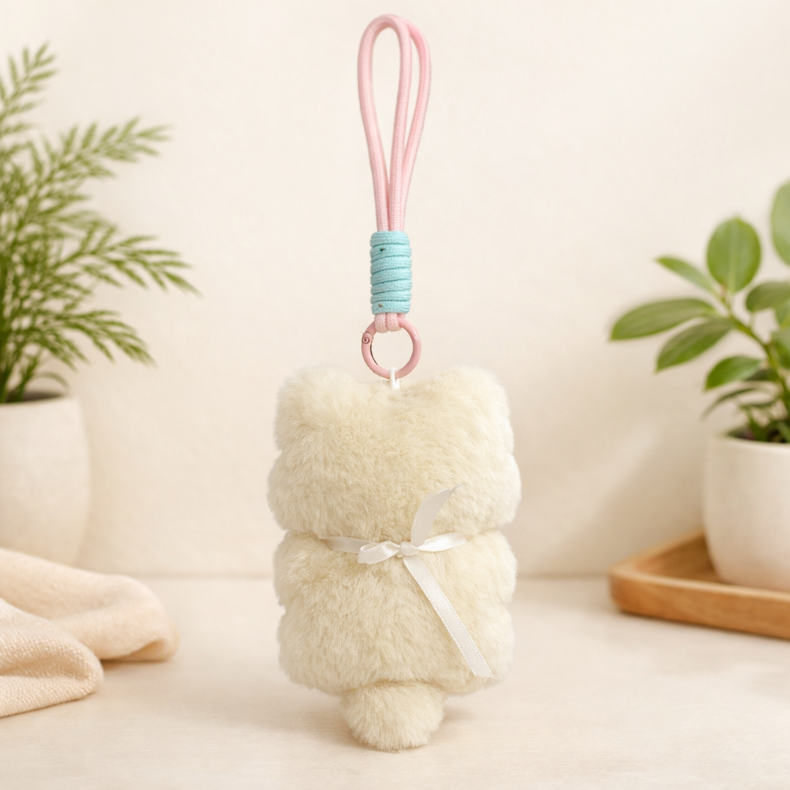 White Cat Plush Bag Charm with Blue Gingham Bib & Pink Bow