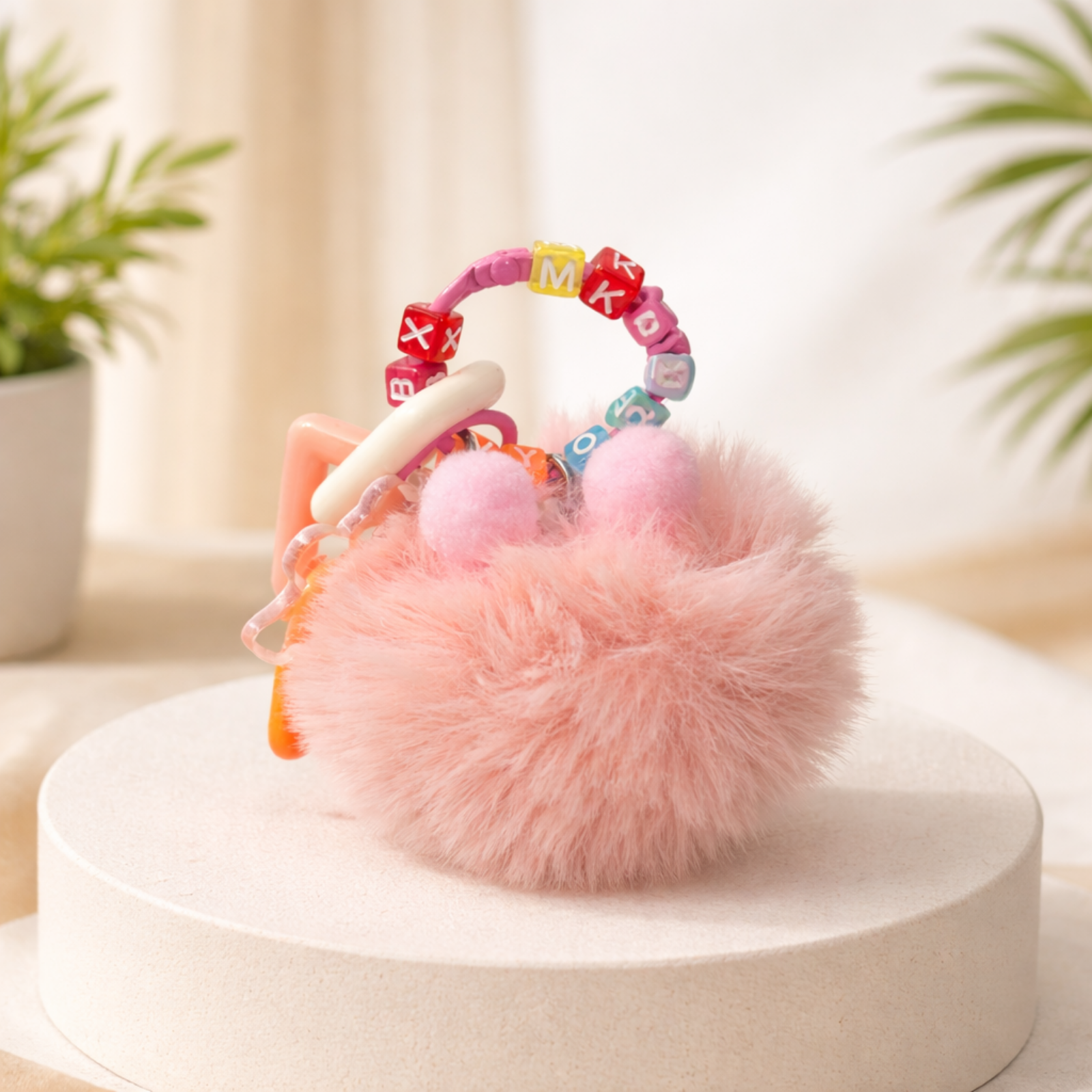 Pink Fluffy Plush Pom Pom Keychain with Googly Eyes