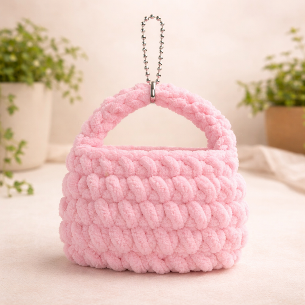 Pink Cat Plush Pouch Bag Charm with Crochet Handle