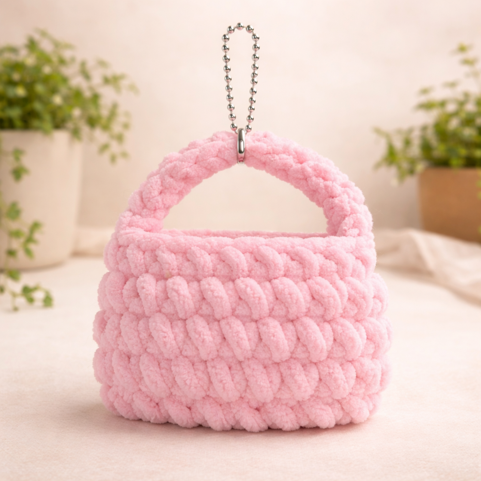 Pink Cat Plush Pouch Bag Charm with Crochet Handle