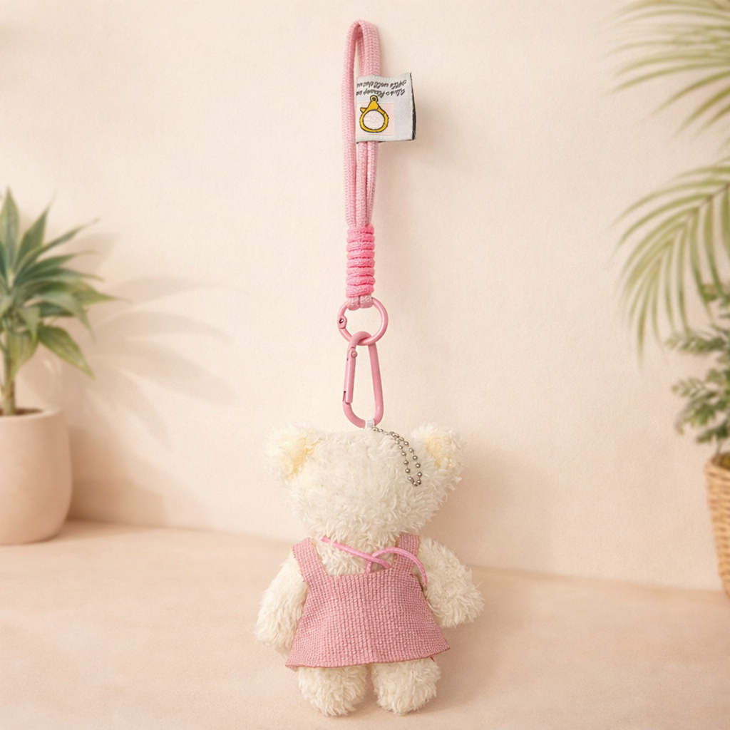 White Teddy Bear Plush Bag Charm with Frock & Mini Camera Charm