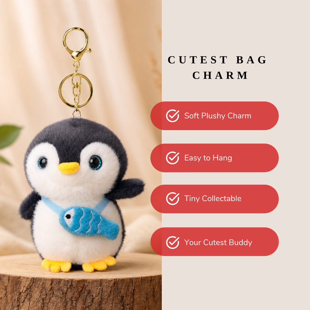 Black Penguin Plush Bag Charm with Blue Fish Pouch