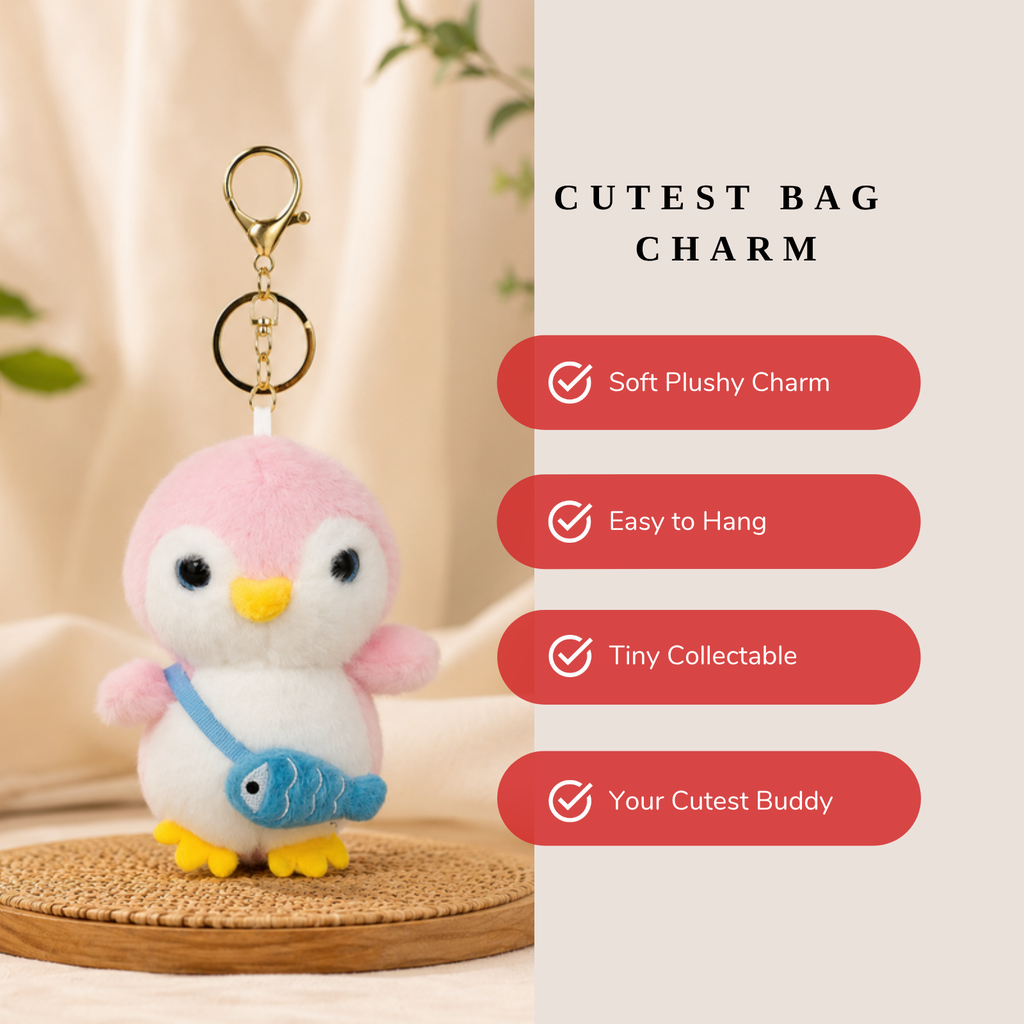 Pink Penguin Plush Bag Charm with Blue Fish Pouch