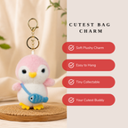 Pink Penguin Plush Bag Charm with Blue Fish Pouch