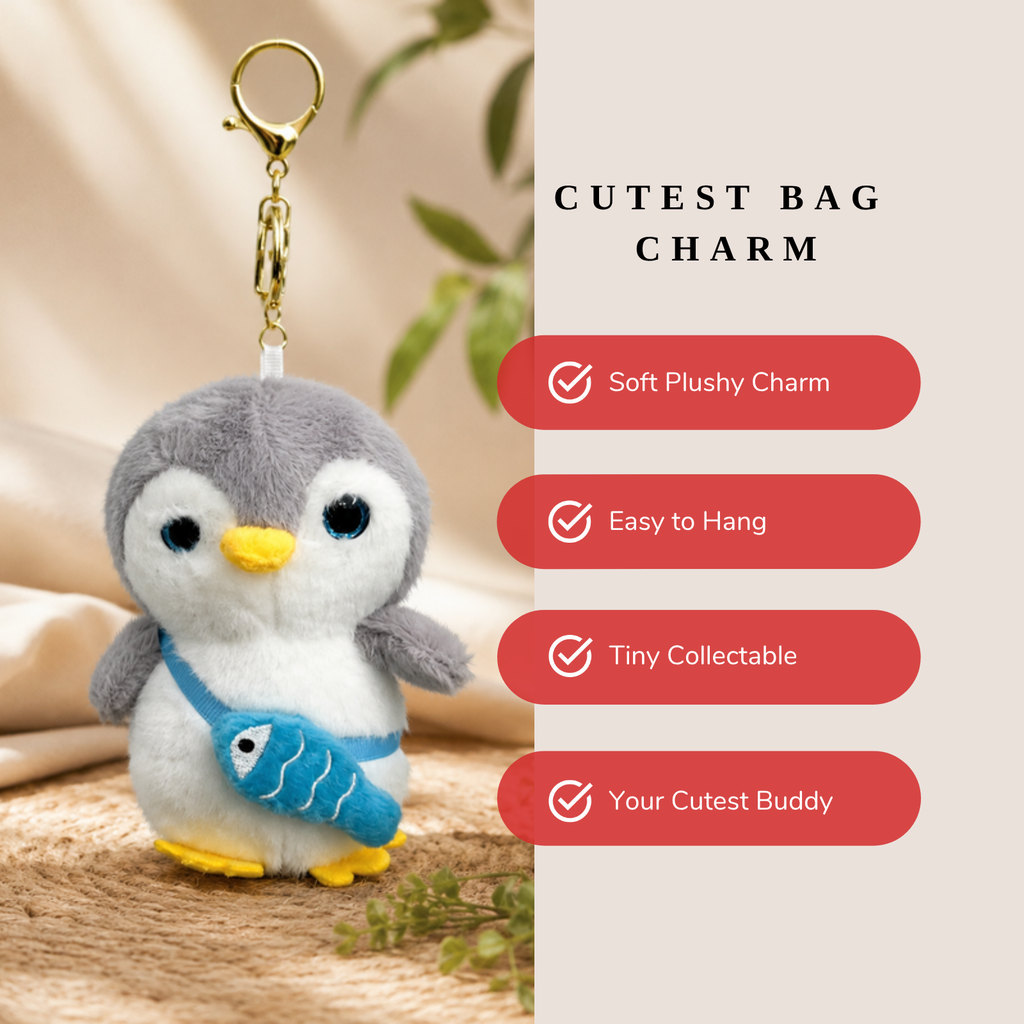 Grey Penguin Plush Bag Charm with Blue Fish Pouch
