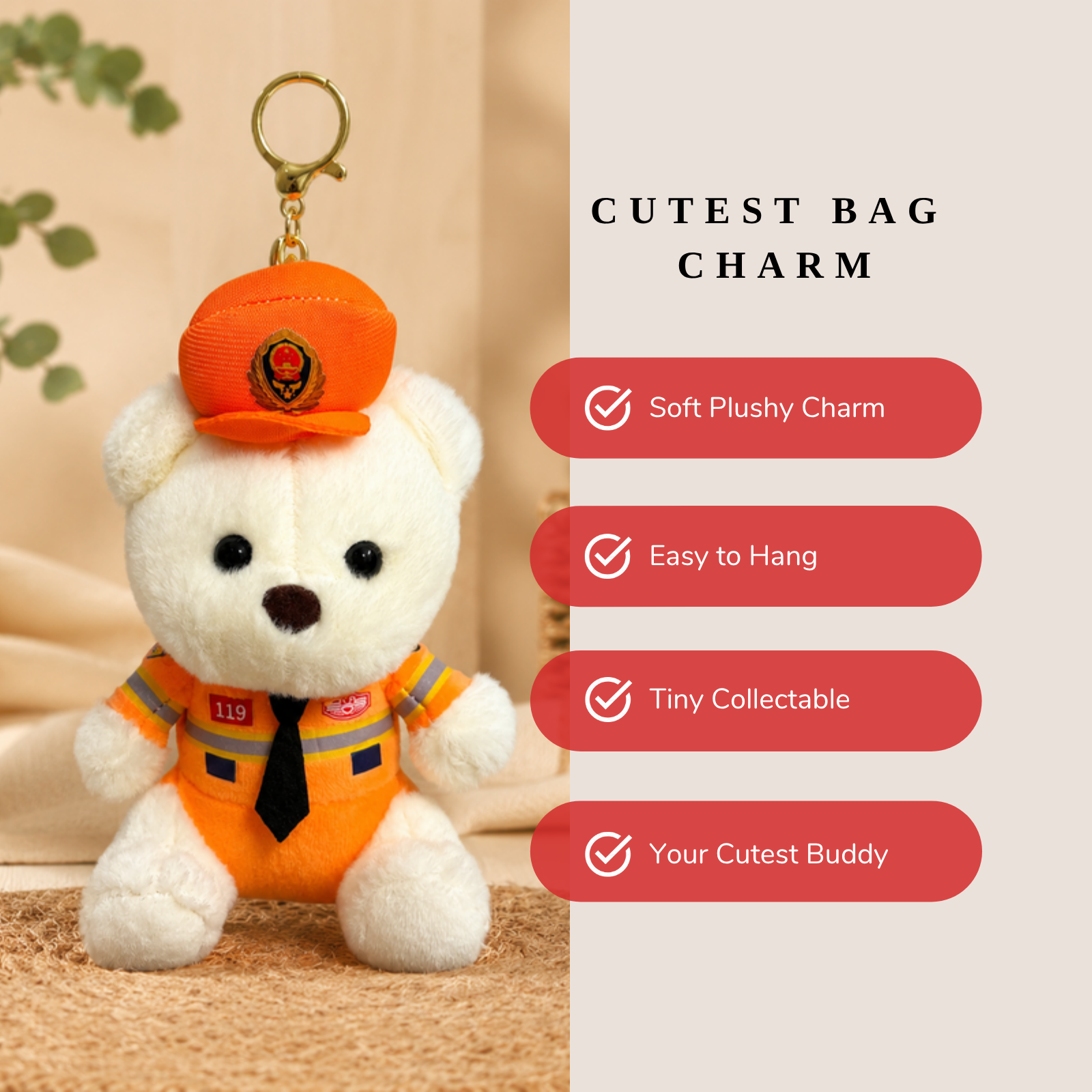 White Safety Teddy Plush Bag Charm with Orange Uniform