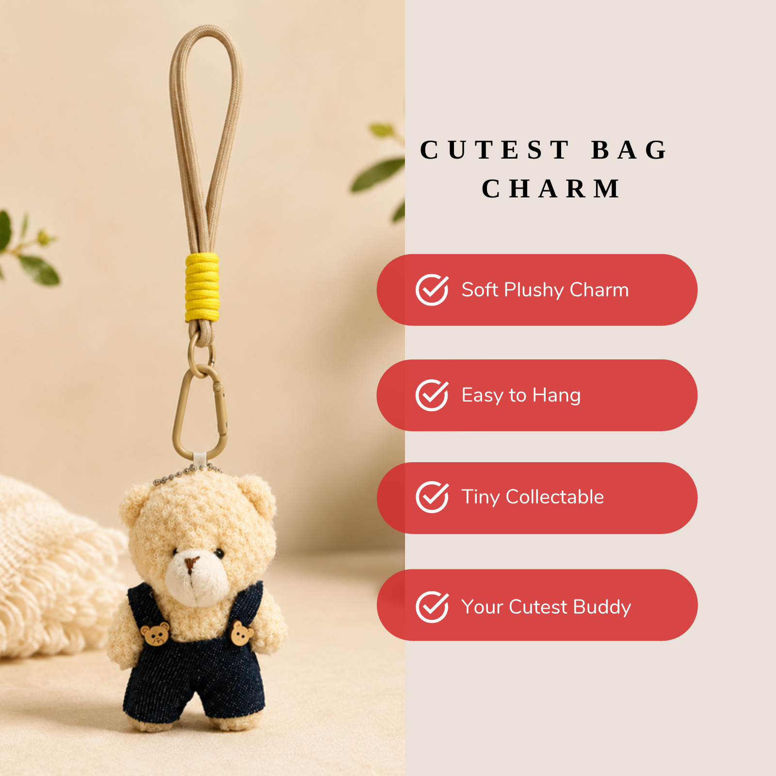Beige Teddy Plush Keychain with Blue Overalls