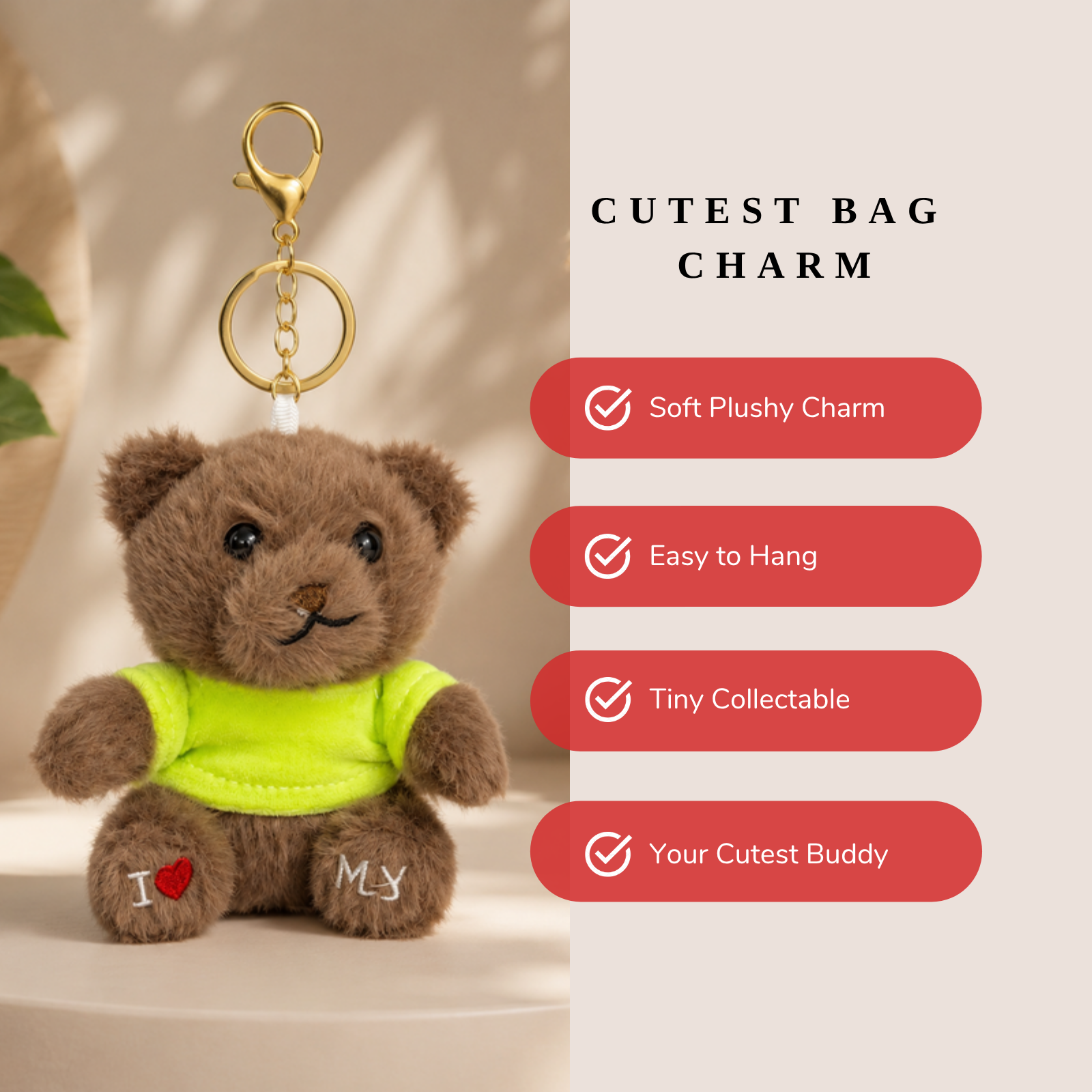 Brown Teddy Bear Plush Bag Charm with Neon Green T-Shirt