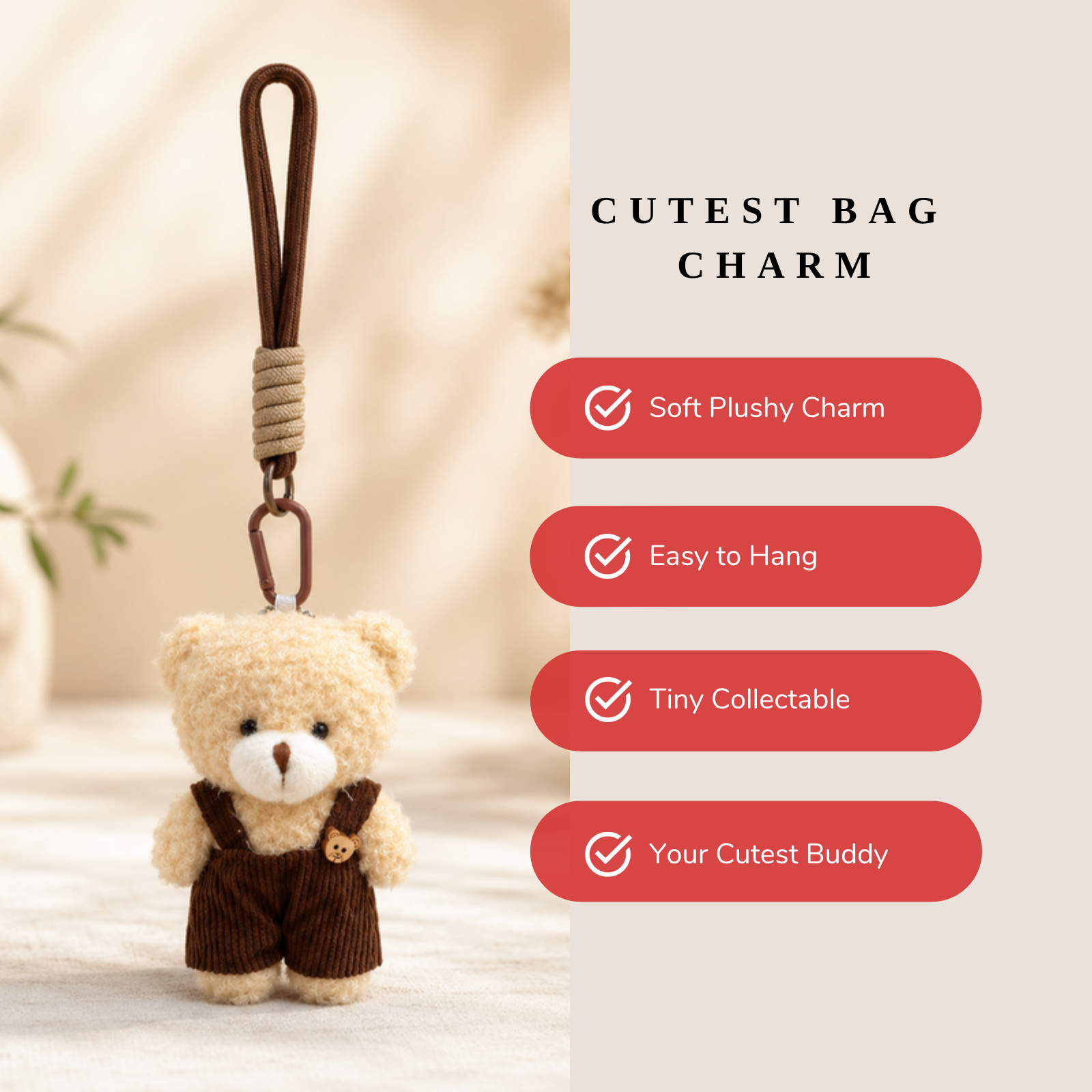 Beige Teddy Plush Keychain with Brown Overalls