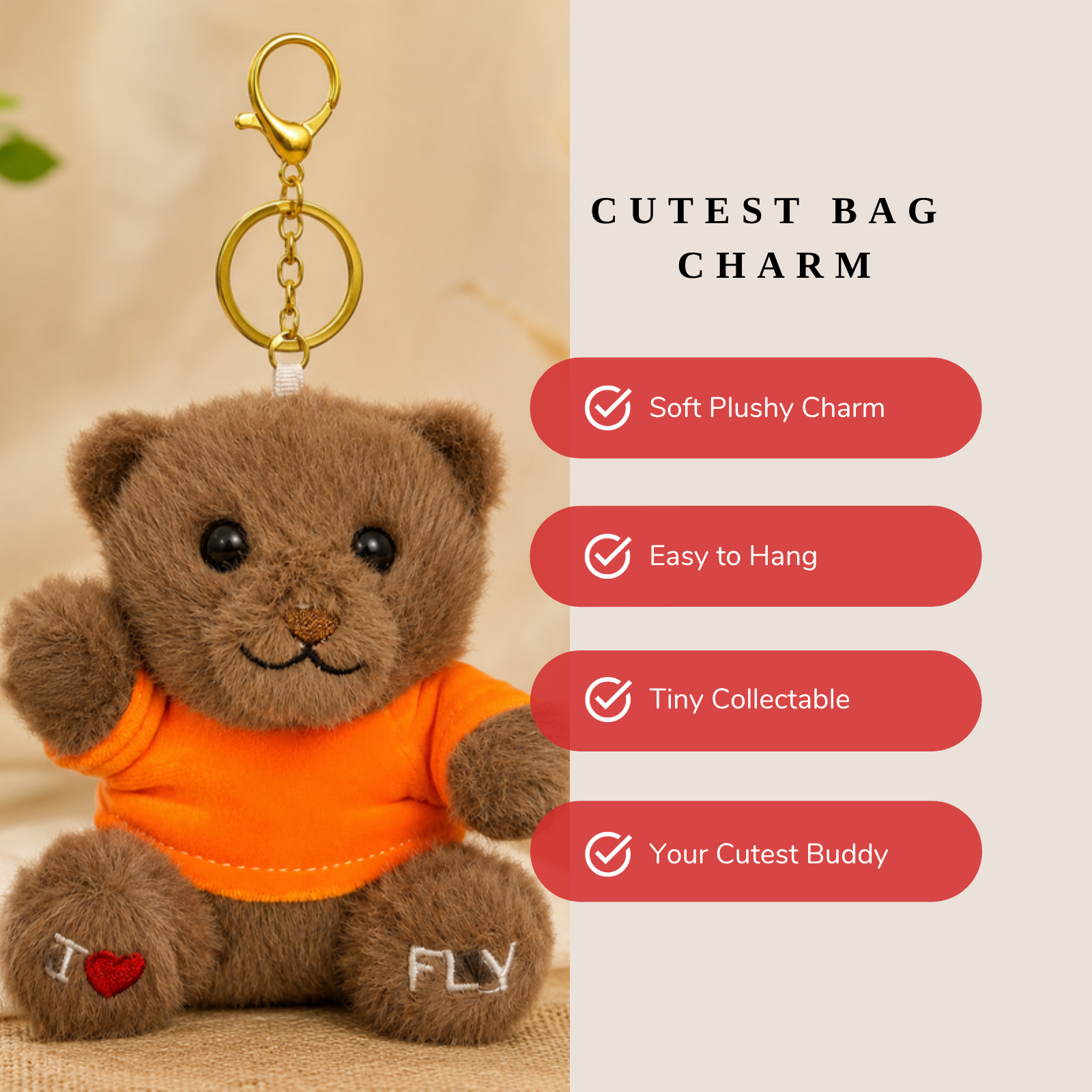 Brown Teddy Bear Plush Bag Charm with Orange T-Shirt
