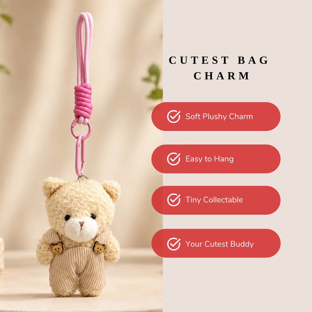 Beige Teddy Plush Keychain with Skin Overalls