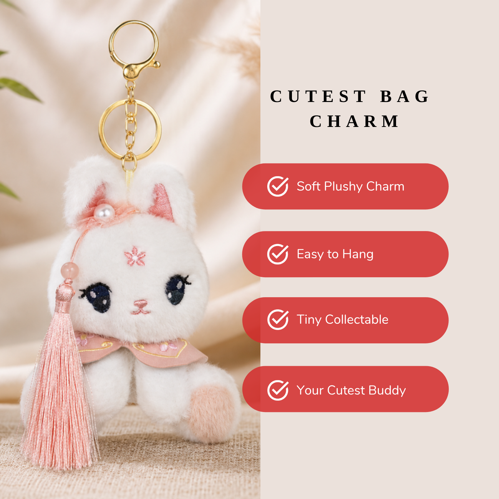 White Bunny Plush Bag Charm with Pink Cape & Pearl Detail