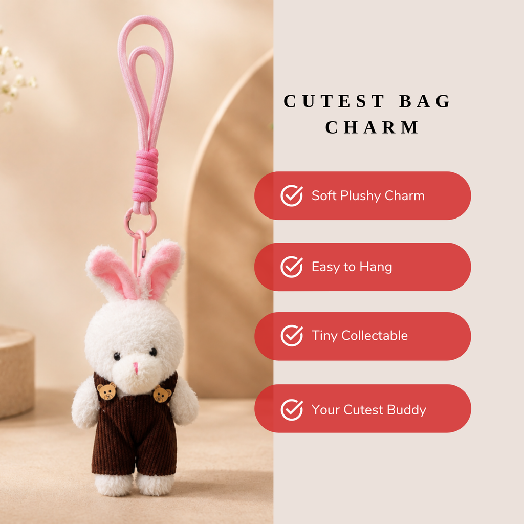 White Bunny Plush Keychain with Brown Overalls