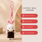 White Bunny Plush Keychain with Brown Overalls