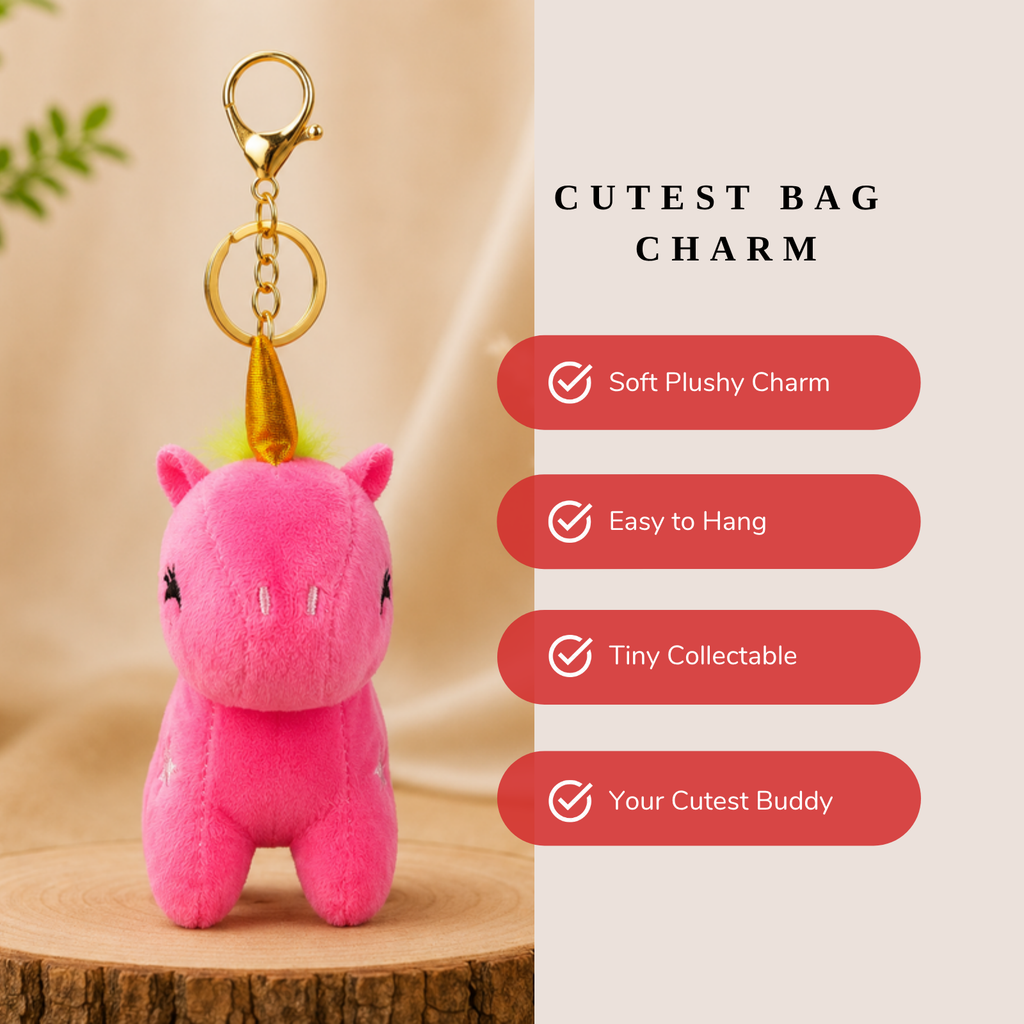 Magenta Unicorn Plush Bag Charm with Rainbow Mane & Gold Horn