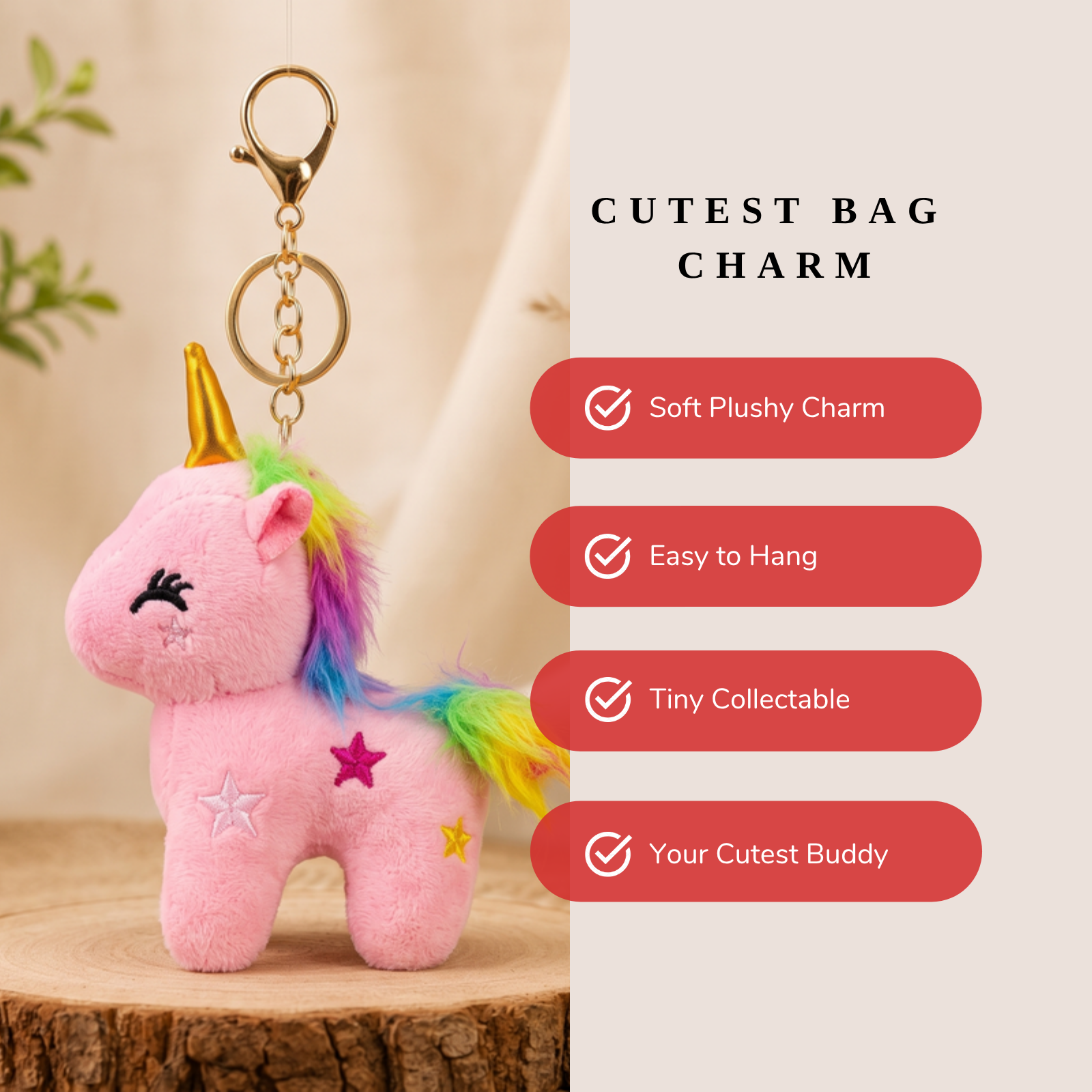 Baby Pink Unicorn Plush Bag Charm with Rainbow Mane & Gold Horn