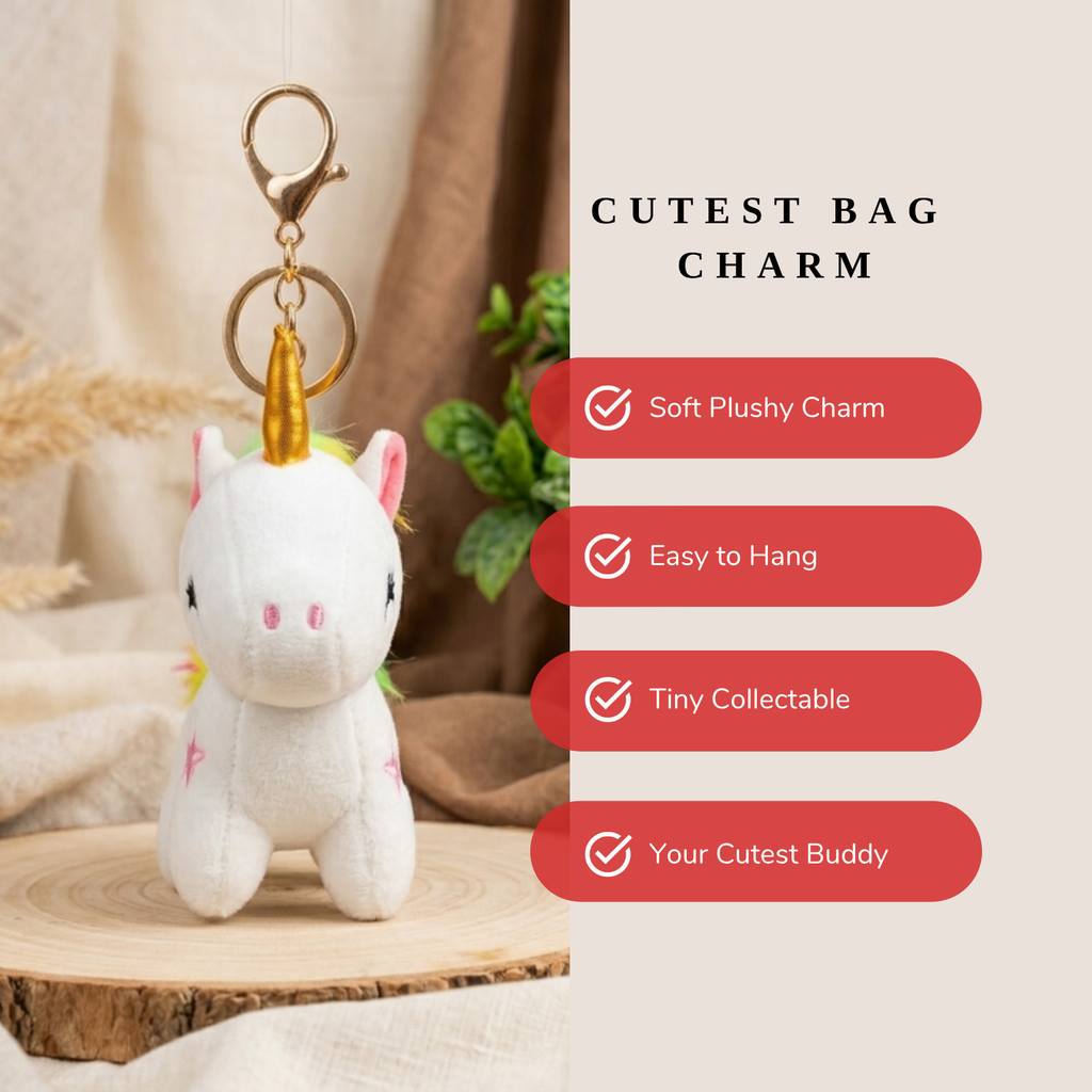 White Unicorn Plush Bag Charm with Rainbow Mane & Gold Horn