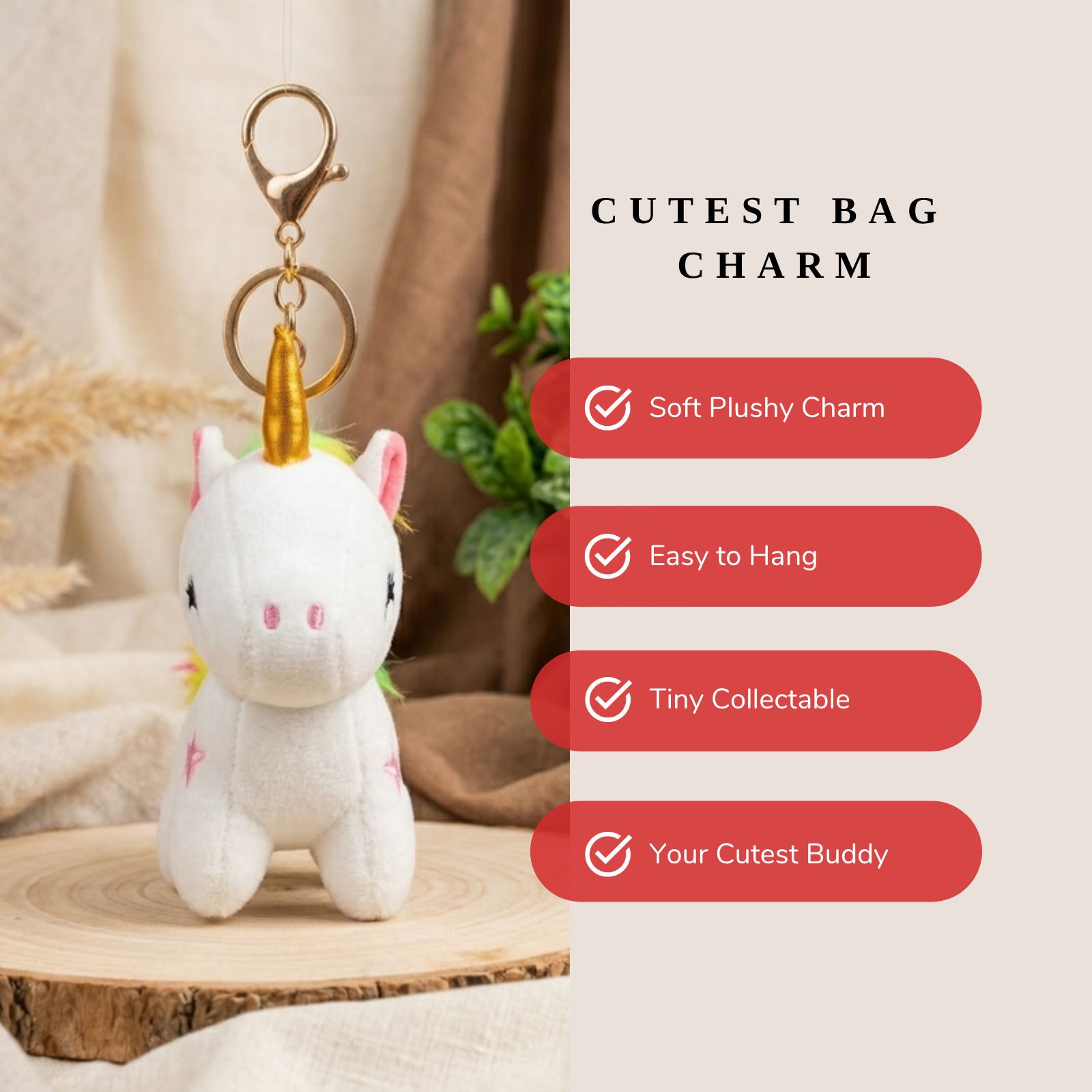 White Unicorn Plush Bag Charm with Rainbow Mane & Gold Horn