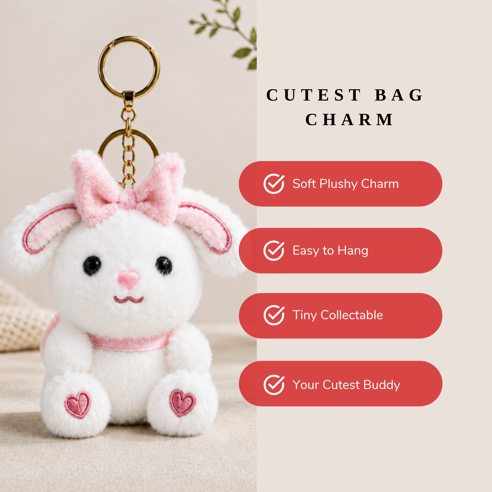 White Bunny Plush Bag Charm with Pink Bow & Heart Paws
