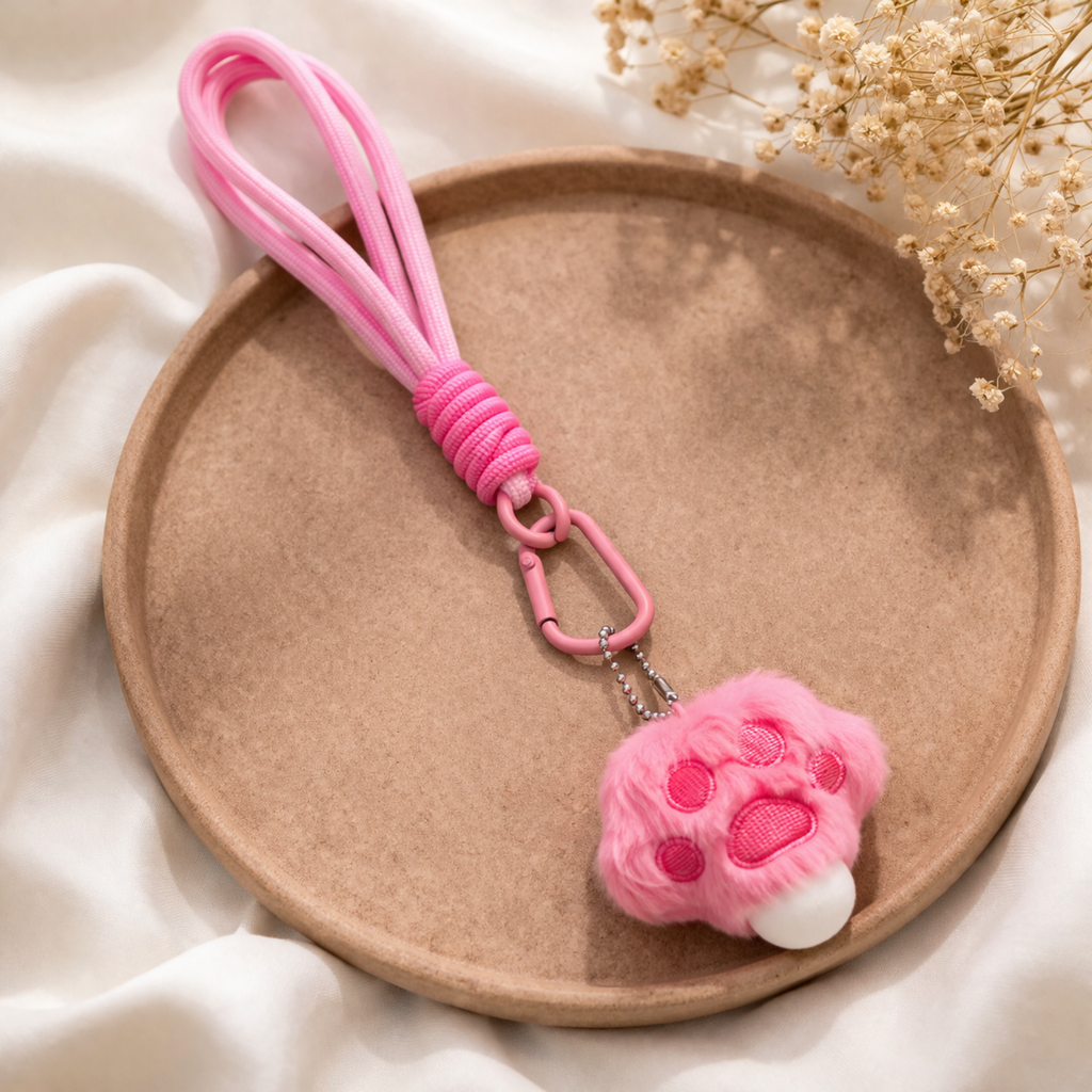 Pink Plush Paw Bag Charm with Embroidered Pads & Wrist Strap