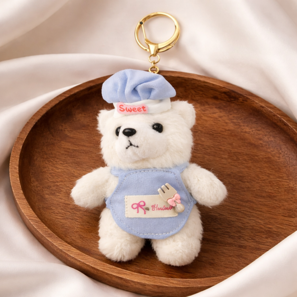White Chef Teddy Plush Bag Charm with a “Sweet” Hat