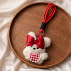 White Teddy Plush Bag Charm with Bow & Checkered Apron