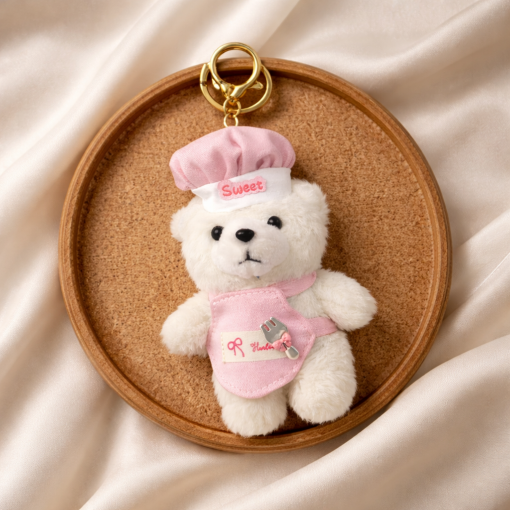 White Chef Teddy Plush Bag Charm with a “Sweet” Hat