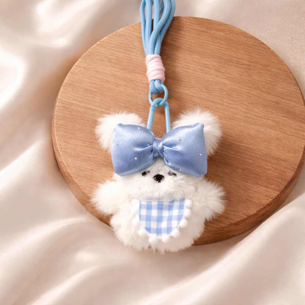 White Teddy Plush Bag Charm with Bow & Checkered Apron