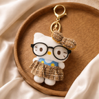 White Cat Plush Bag Charm with Glasses, Bow & Dress