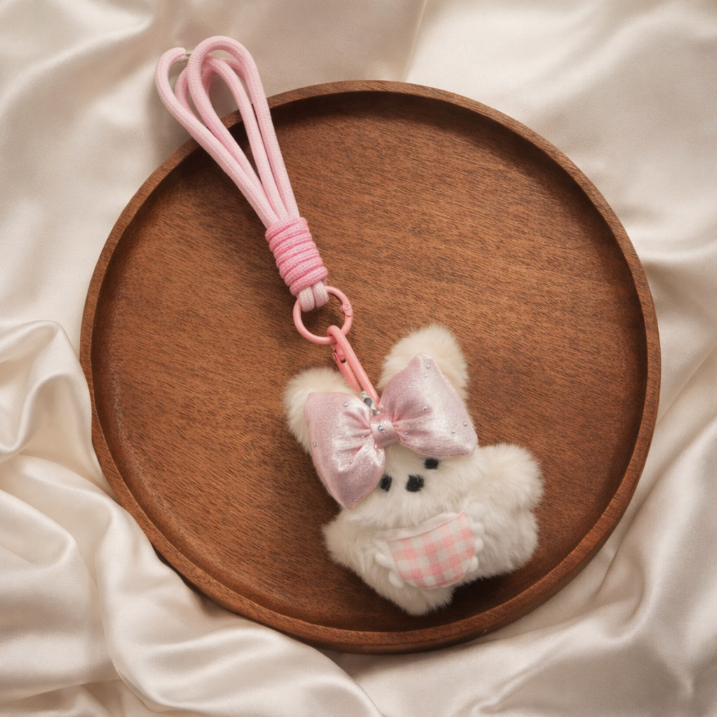 White Teddy Plush Bag Charm with Bow & Checkered Apron