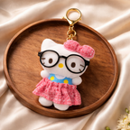 White Cat Plush Bag Charm with Glasses, Bow & Dress