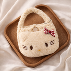 Beige Cat Plush Pouch Bag Charm with Crochet Handle