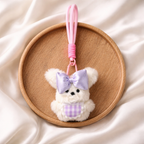 White Teddy Plush Bag Charm with Bow & Checkered Apron