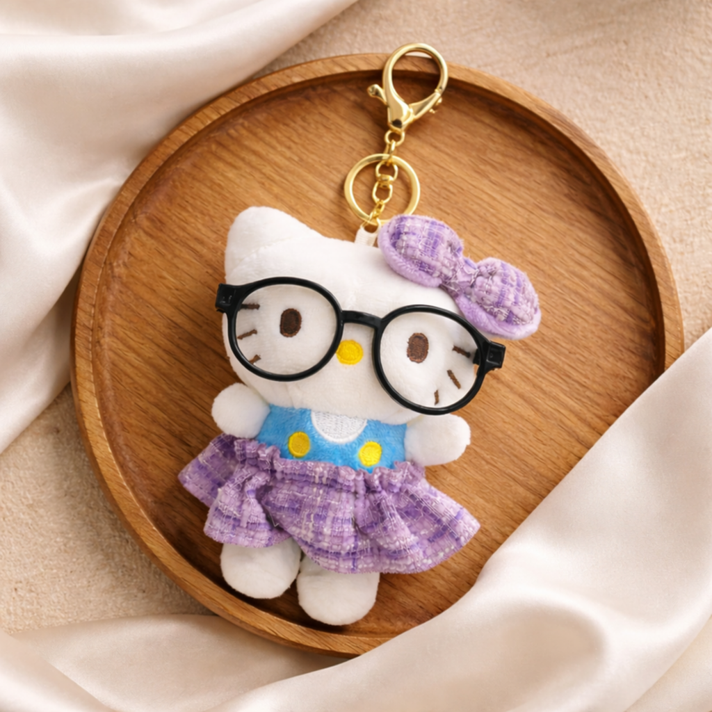 White Cat Plush Bag Charm with Glasses, Bow & Dress
