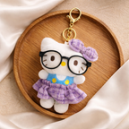 White Cat Plush Bag Charm with Glasses, Bow & Dress