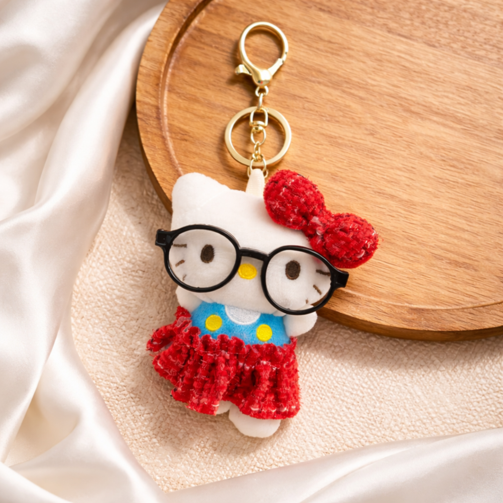 White Cat Plush Bag Charm with Glasses, Bow & Dress