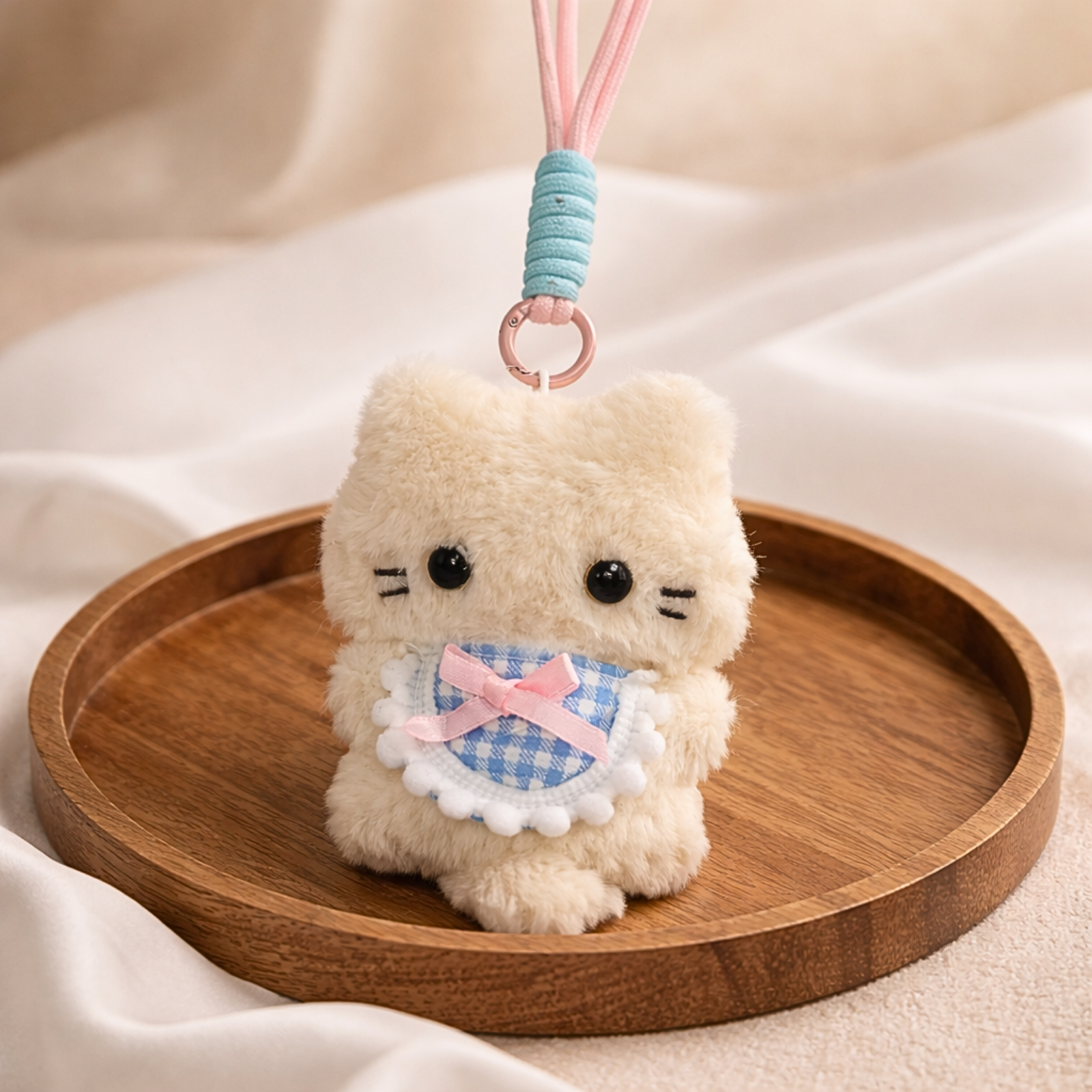White Cat Plush Bag Charm with Blue Gingham Bib & Pink Bow