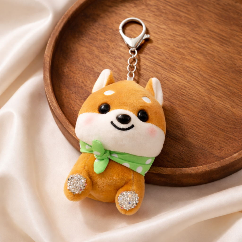 Brown Shiba Inu Plush Bag Charm with Crystal Paw & Scarf